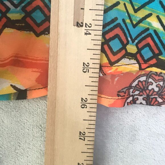 Ali Miles Top Womens 1X Orange Blue Geometric Print Semi Sheer V Neck Front Tie - Picture 10 of 10